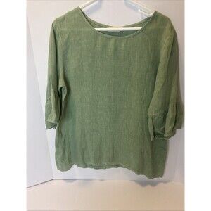 Terzo Millennio Blouse Size M 100% Linen Green Ruffle Bell Sleeves Top Shirt